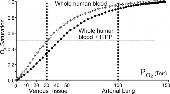 Como puede verse en la figura, la saturación de oxígeno del pigmento es sensiblemente inferior cuando éste está combinado con ITPP, sobre todo en la sangre venosa, lo que facilita mucho la cesión de oxígeno a los tejidos cuando la sangre se encuentra en los capilares de los tejidos